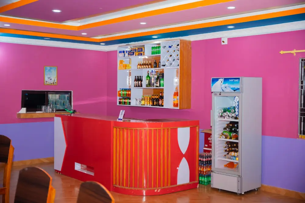 The restaurant counter and drinks fridge