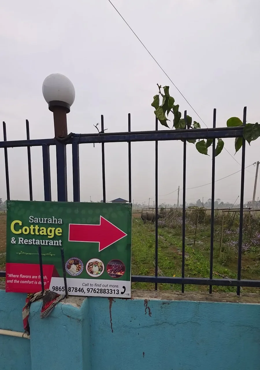 The Sauraha Cottage sign on the gate with a rhino in the field behind